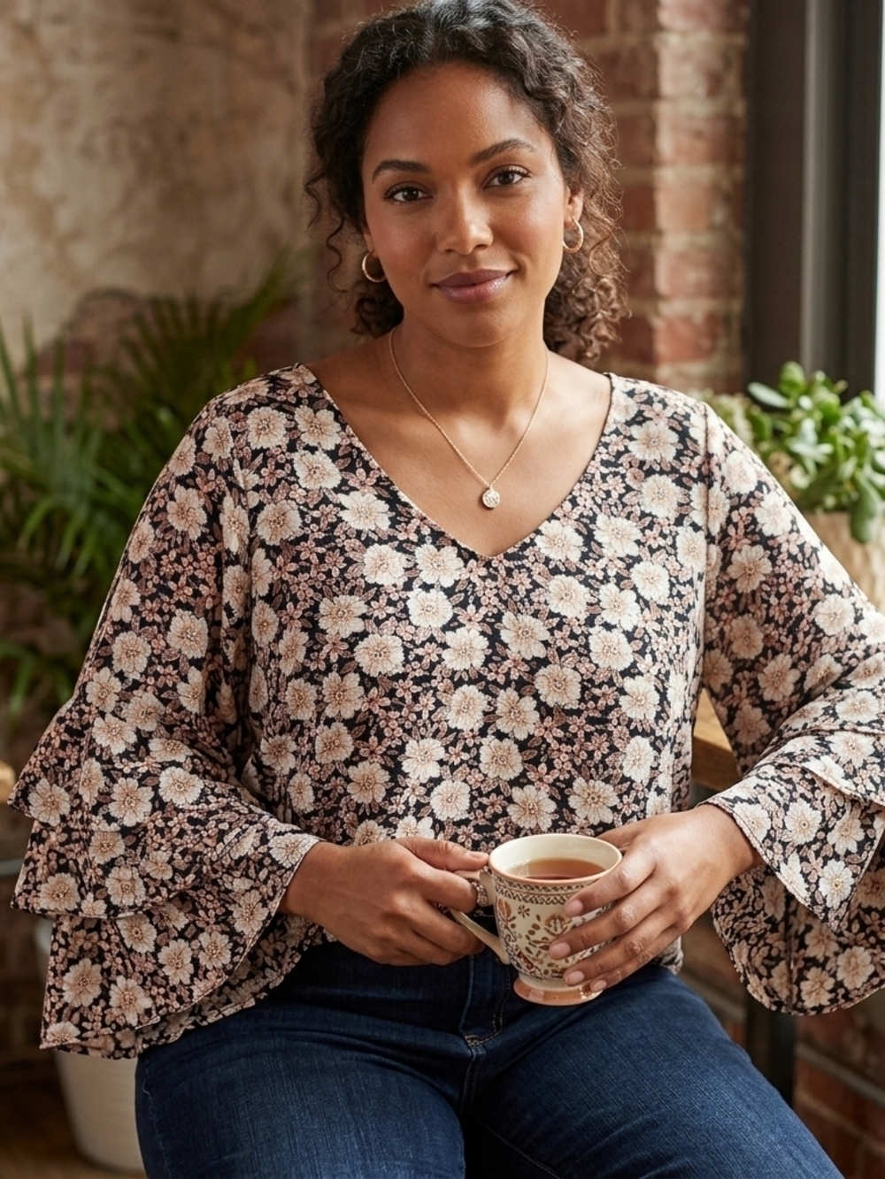 Roz & Ali Floral Shimmer Blouse - Elegant Ruffle Sleeves - 1X